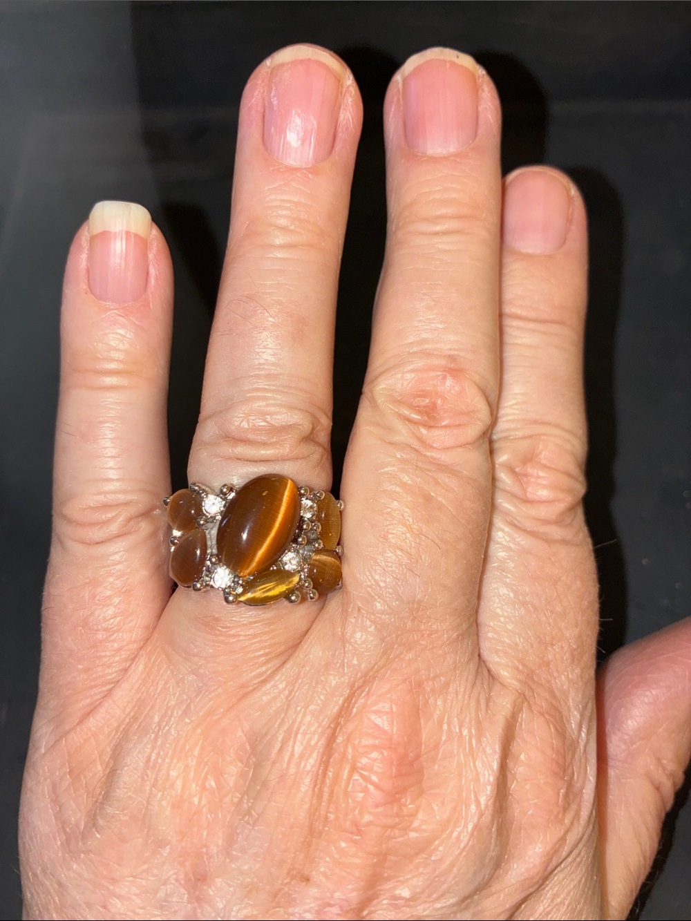Tiger Eye Cluster Statement Stretch Ring - Brown Gemstone Fashion Ring